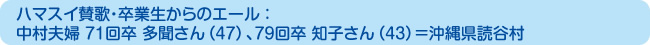 ハマスイ賛歌・卒業生からのエール：中村夫婦 71回卒 多聞さん（47）、79回卒 知子さん（43）＝沖縄県読谷村